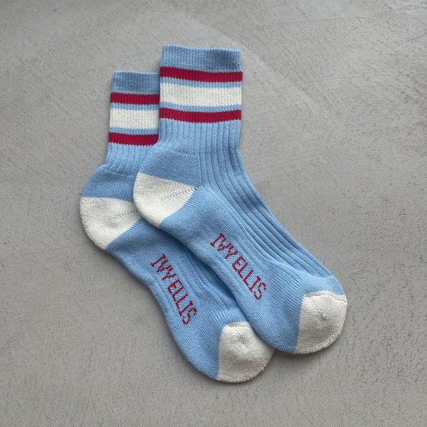 IVY ELLIS The Earl Women's Quarter Length Socks in Light Blue/Red/Cream