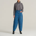 V DE VINSTER Pablo Stripe Ruffle Neck Blouse in Tartan Blue