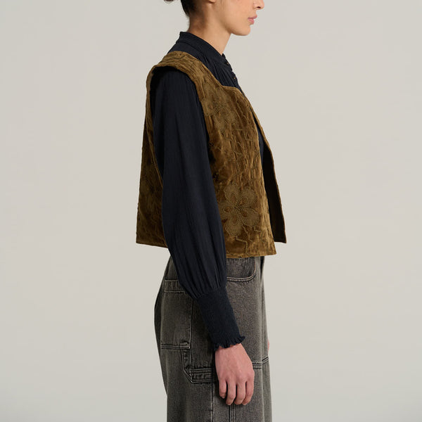V DE VINSTER Isaac Embroidered Velvet Waistcoat in Khaki