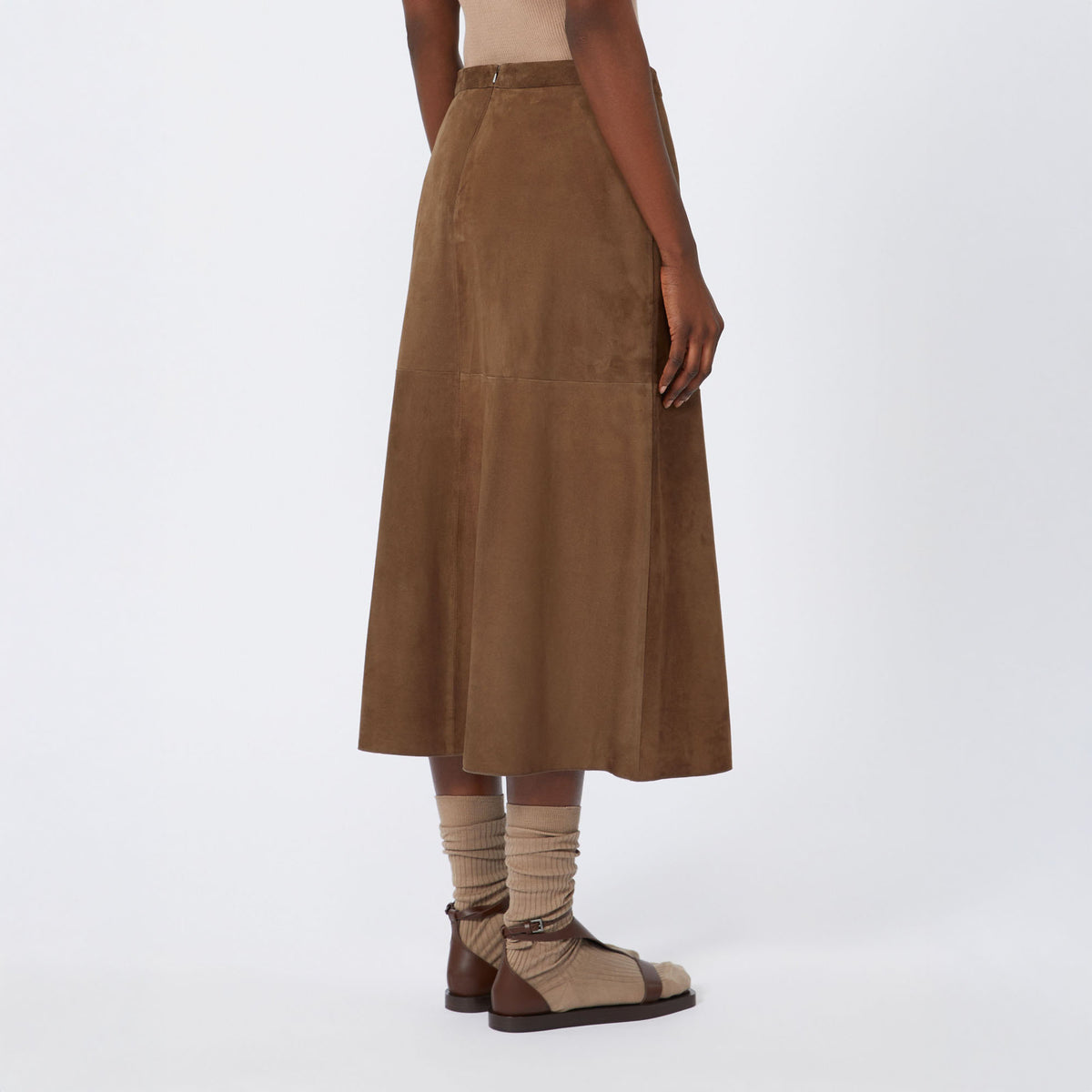 S MAX MARA Cipria Flared Suede Skirt in Dark Brown