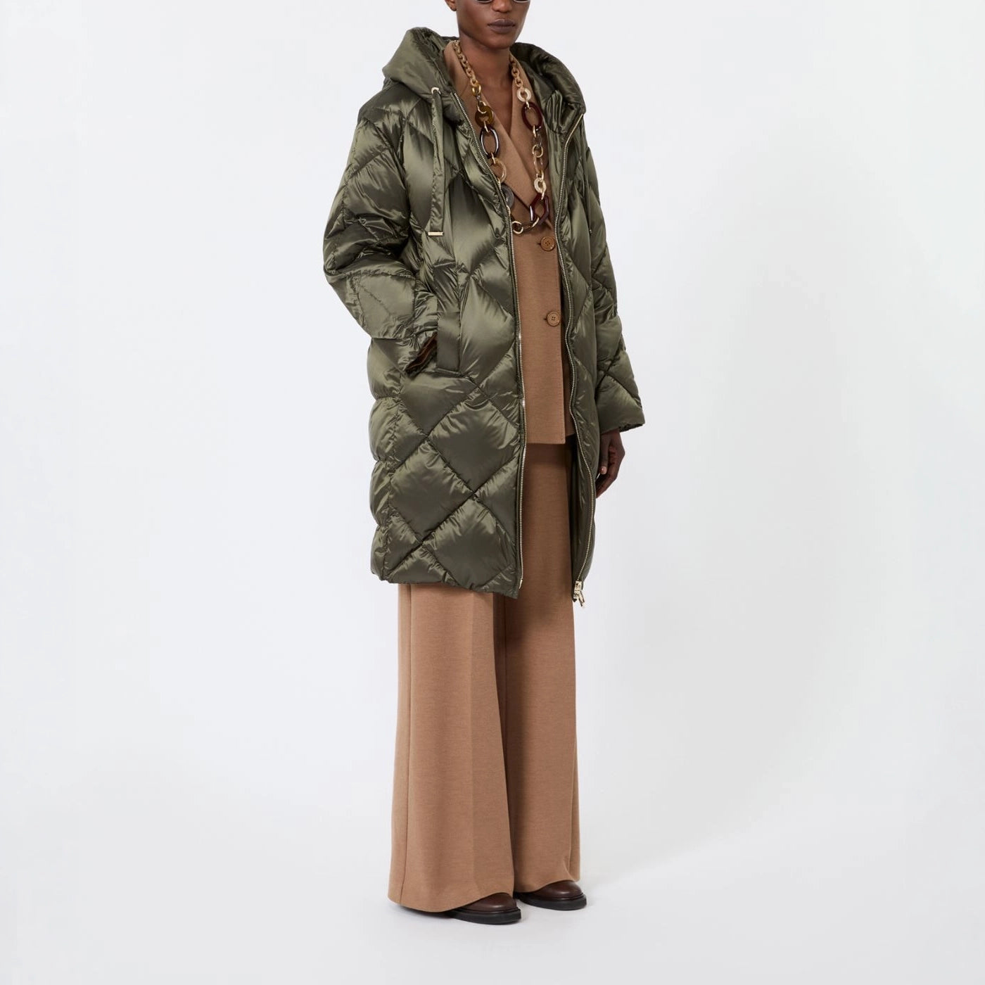 S MAX MARA MTCTrefe Midi Puffer Jacket with Hood in Water-Repellent Fabric in Dark Green