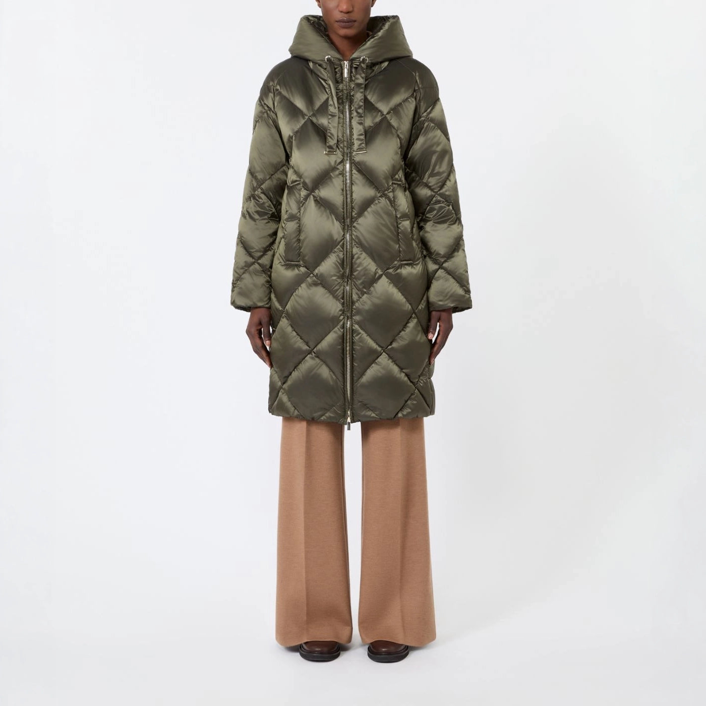 S MAX MARA MTCTrefe Midi Puffer Jacket with Hood in Water-Repellent Fabric in Dark Green