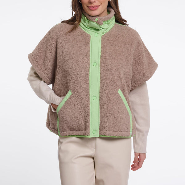 RINO & PELLE Zehra Fleece Teddy Gilet in Light Mocha/Fluorescent Green