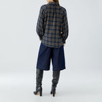 OUI Long Check Tie Neck Blouse in Dark Blue/Camel