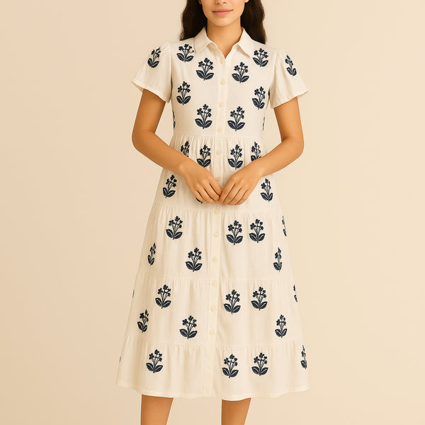 HANDPRINT DREAM APPAREL Myrtia Cotton Block Print Dress in White/Navy