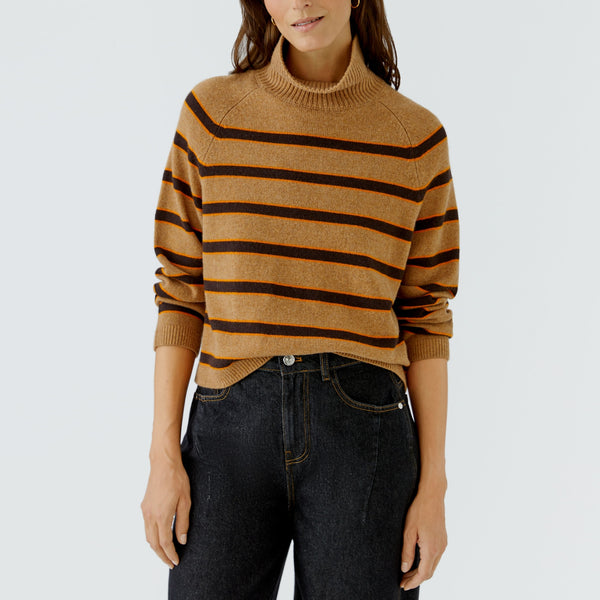 OUI Funnel Neck Stripe Jumper in Dark Camel/Brown