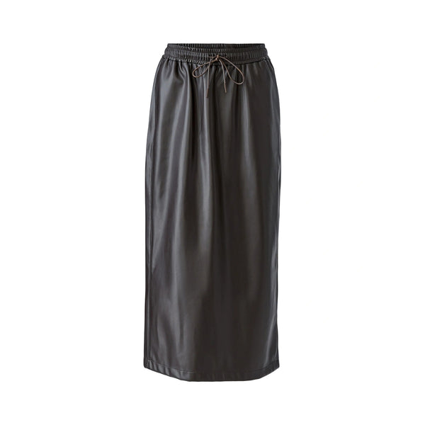 OUI Drawstring Leather Look Midi Skirt in Chocolate Torte