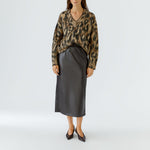 OUI Drawstring Leather Look Midi Skirt in Chocolate Torte