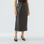 OUI Drawstring Leather Look Midi Skirt in Chocolate Torte
