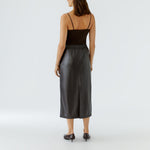 OUI Drawstring Leather Look Midi Skirt in Chocolate Torte