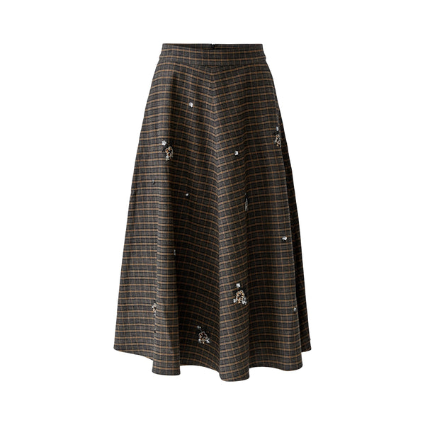 OUI Tweed Midi Skirt with Sequin Flower Detail in Dark Grey/Camel