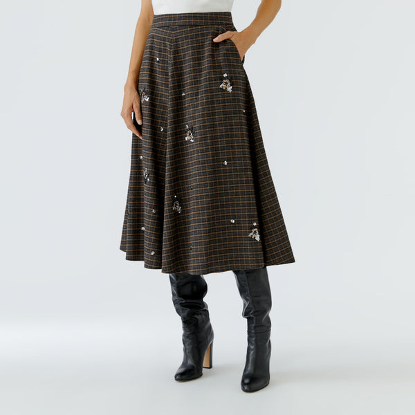 OUI Tweed Midi Skirt with Sequin Flower Detail in Dark Grey/Camel