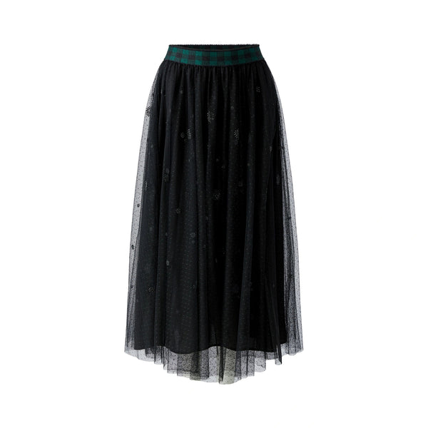 OUI Circle Print Mesh Skirt with Check Waistband in Black