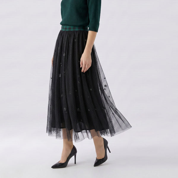 OUI Circle Print Mesh Skirt with Check Waistband in Black