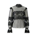 OUI Sheer Lace Long Sleeve Top in Black