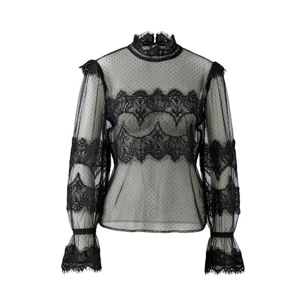 OUI Sheer Lace Long Sleeve Top in Black