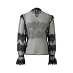 OUI Sheer Lace Long Sleeve Top in Black