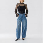 OUI Sheer Lace Long Sleeve Top in Black
