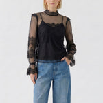 OUI Sheer Lace Long Sleeve Top in Black