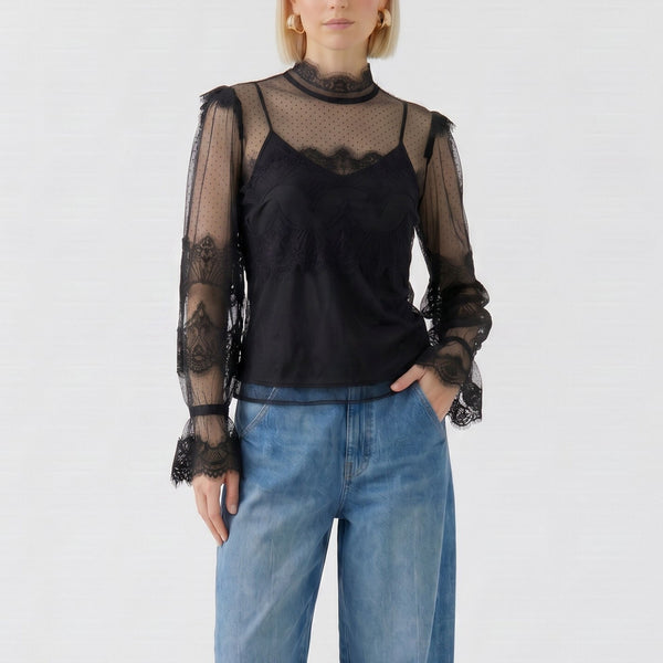 OUI Sheer Lace Long Sleeve Top in Black