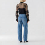 OUI Sheer Lace Long Sleeve Top in Black