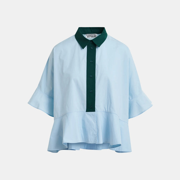 ESSENTIEL ANTWERP Kaylee Peplum Ruffle Shirt in Aquamarine