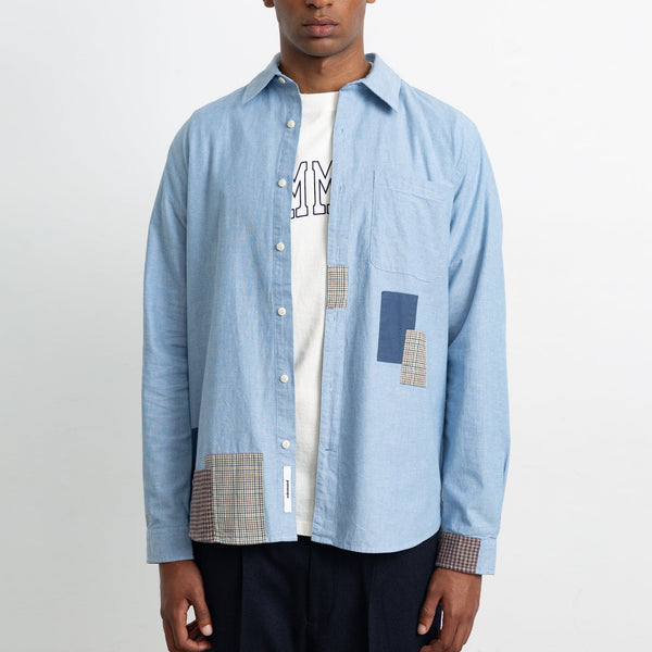 EDMMOND STUDIOS Meet & Grid Patch Cotton Shirt in Plain Steel