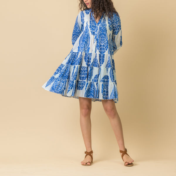 HANDPRINT DREAM APPAREL Lovejoy Short Cotton Dress in Emperor White/Blue