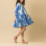 HANDPRINT DREAM APPAREL Lovejoy Short Cotton Dress in Emperor White/Blue