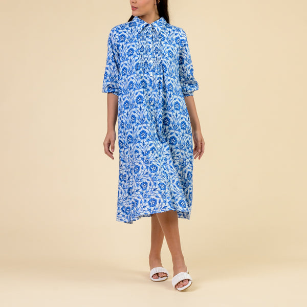 HANDPRINT DREAM APPAREL Redwood Cotton Shirt Dress in Tamsin Blue