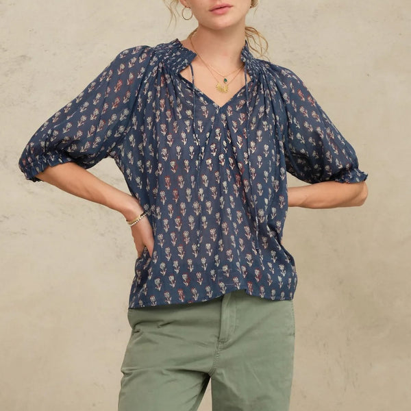 M.A.B.E Ari Print Short Sleeve Top in Indigo
