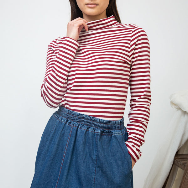 BEAUMONT ORGANIC Pine-Sue Organic Cotton Stripe Jersey Top in Burgundy/Off White