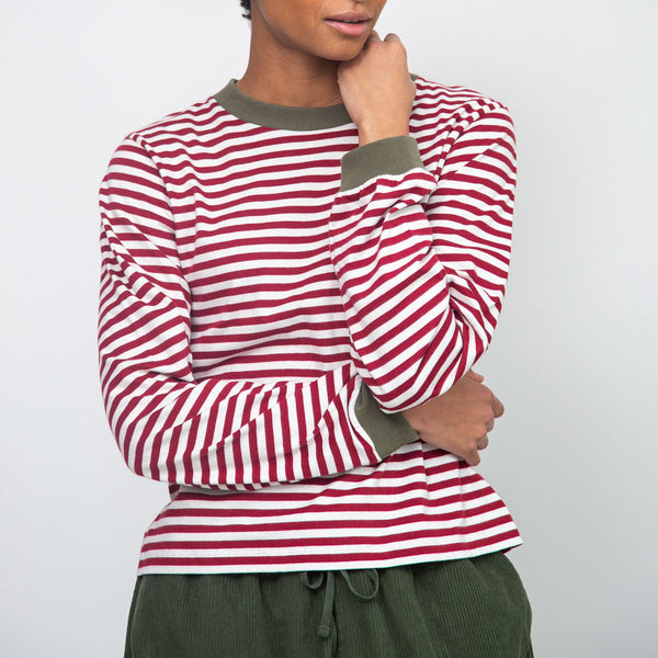BEAUMONT ORGANIC Sierra-Sue Organic Cotton Stripe Jersey Top in Burgundy/Off White
