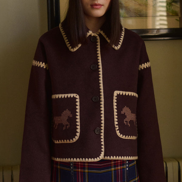 THE TINY BIG SISTER Short Horses Embroidered Coat in Charcoal