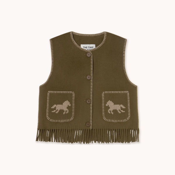 THE TINY BIG SISTER Horses Embroidered Vest in Dark Khaki