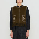 THE TINY BIG SISTER Horses Embroidered Vest in Dark Khaki