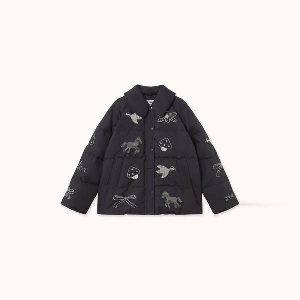 THE TINY BIG SISTER Embroidered Down Jacket in Navy