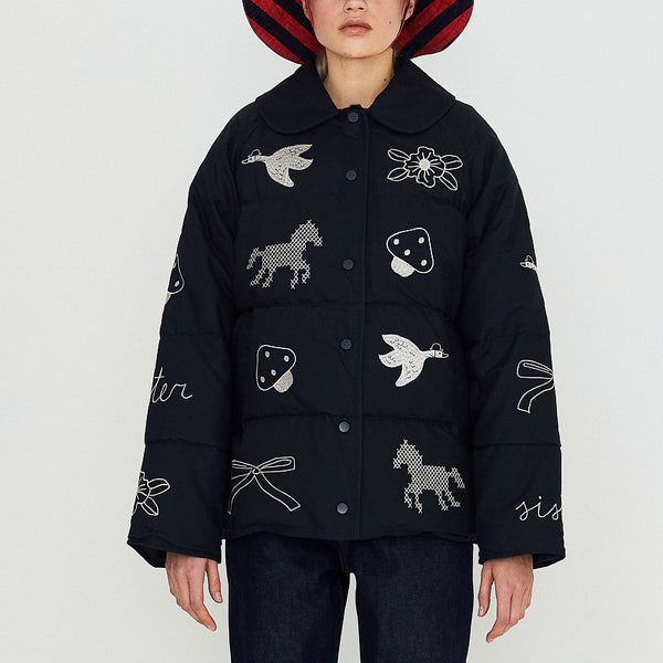 THE TINY BIG SISTER Embroidered Down Jacket in Navy