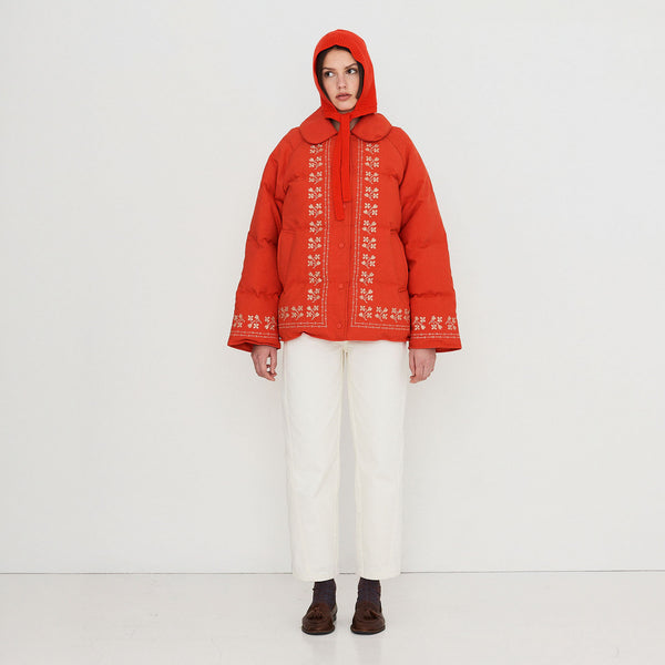THE TINY BIG SISTER Flowers Down Jacket in Dark Red
