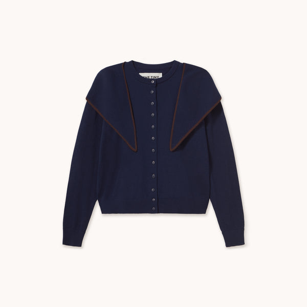 THE TINY BIG SISTER Scarf Neck Lara Merino Wool Cardigan in Navy