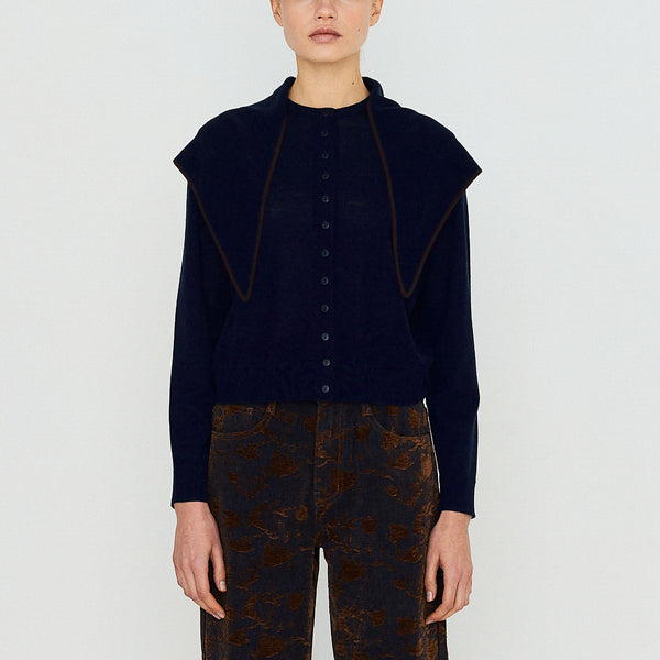 THE TINY BIG SISTER Scarf Neck Lara Merino Wool Cardigan in Navy