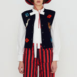 THE TINY BIG SISTER Fall Pattern Merino Wool Vest in Navy