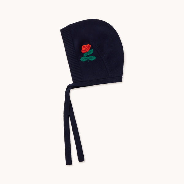 THE TINY BIG SISTER Roses Merino Wool Bonnet in Navy