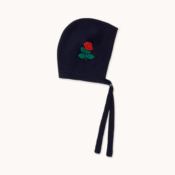 THE TINY BIG SISTER Roses Merino Wool Bonnet in Navy