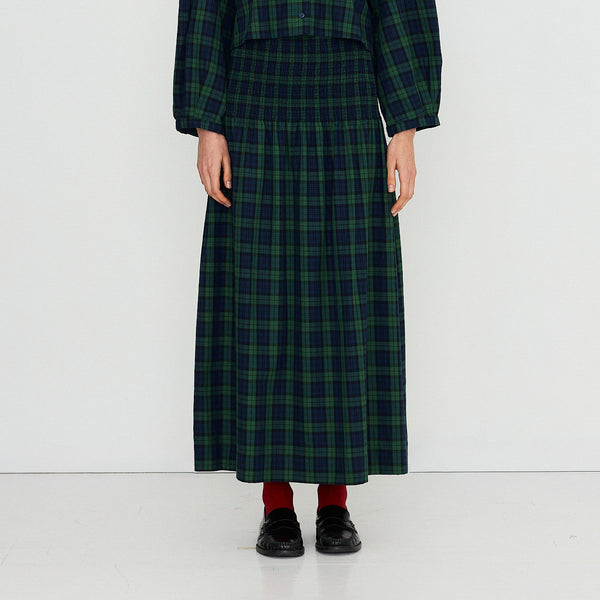 THE TINY BIG SISTER Green Check Smock Skirt in Light Navy