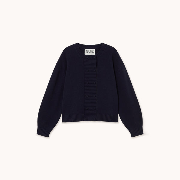 THE TINY BIG SISTER Buttoned Merino Wool Cardigan in Navy