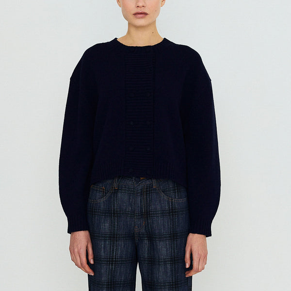 THE TINY BIG SISTER Buttoned Merino Wool Cardigan in Navy