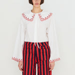 THE TINY BIG SISTER Embroidered Neck Shirt in Off White