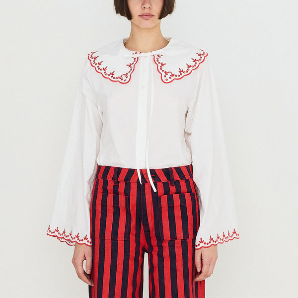 THE TINY BIG SISTER Embroidered Neck Shirt in Off White