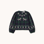 THE TINY BIG SISTER Embroidered Check Puff Sleeves Blouse in Dark Green